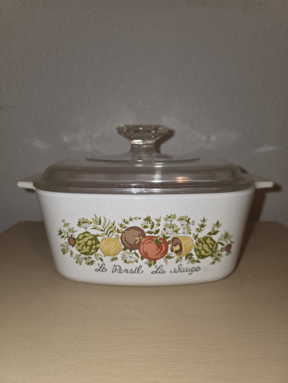 Rare Corningware White Ceramic Herb & Vegetable Covered Casserole Dish
